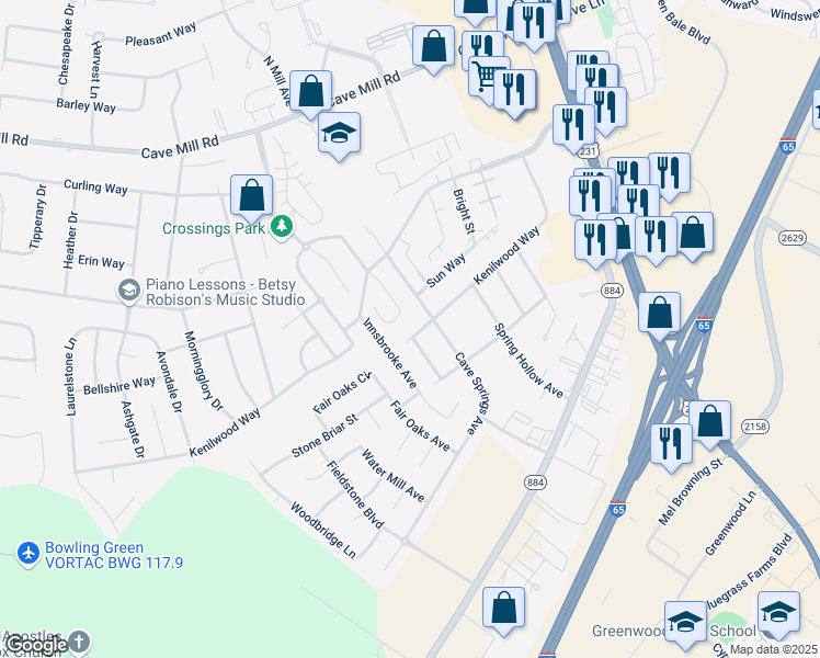 map of restaurants, bars, coffee shops, grocery stores, and more near 1353 Kenilwood Way in Bowling Green