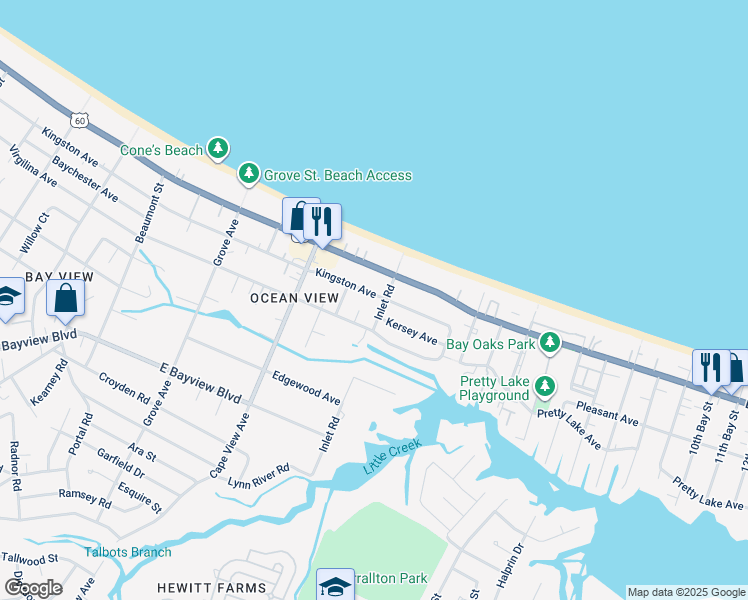 map of restaurants, bars, coffee shops, grocery stores, and more near 1981 Kingston Avenue in Norfolk