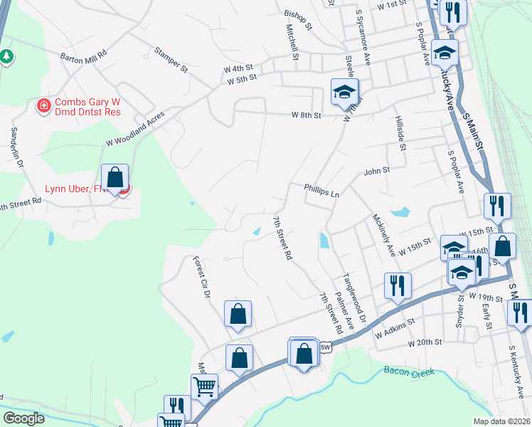 map of restaurants, bars, coffee shops, grocery stores, and more near 1302 7th Street Road in Corbin