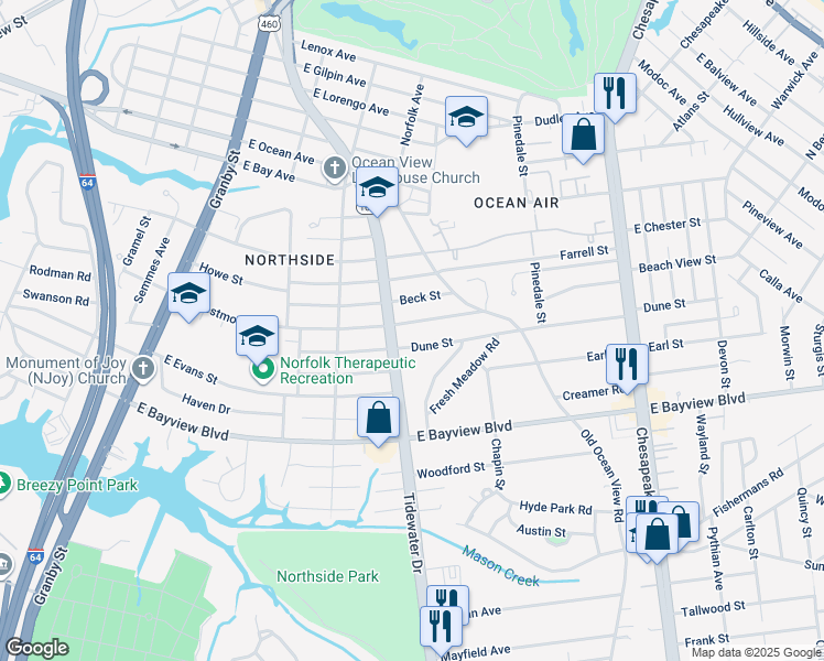 map of restaurants, bars, coffee shops, grocery stores, and more near 405 East Westmont Avenue in Norfolk