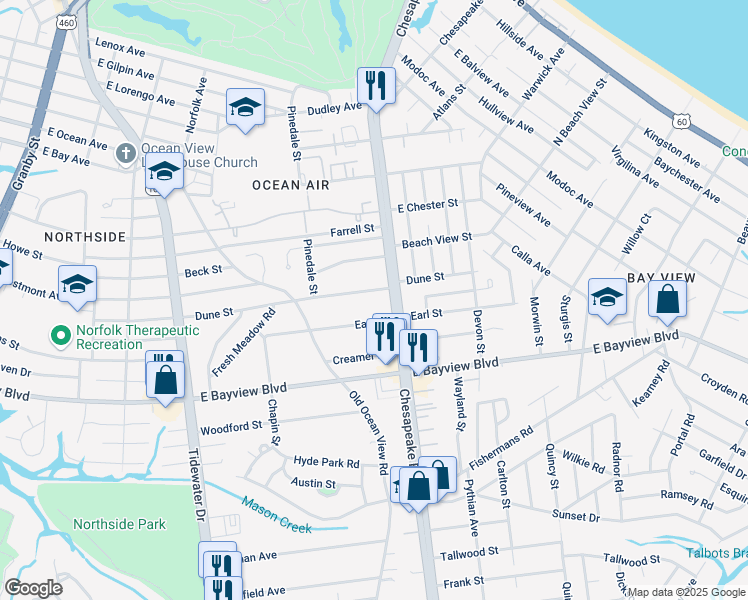 map of restaurants, bars, coffee shops, grocery stores, and more near 8721 Chesapeake Boulevard in Norfolk