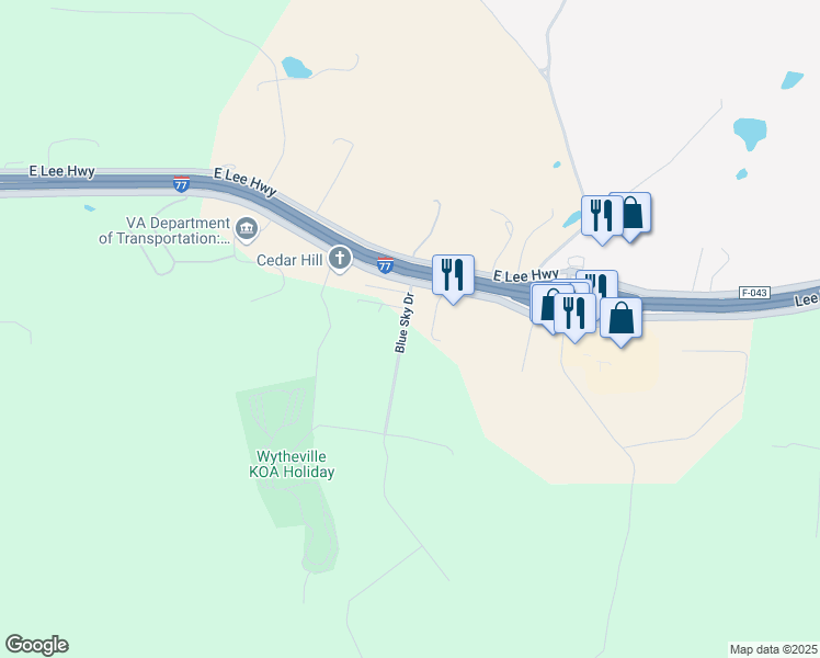 map of restaurants, bars, coffee shops, grocery stores, and more near Blue Sky Drive in Wytheville
