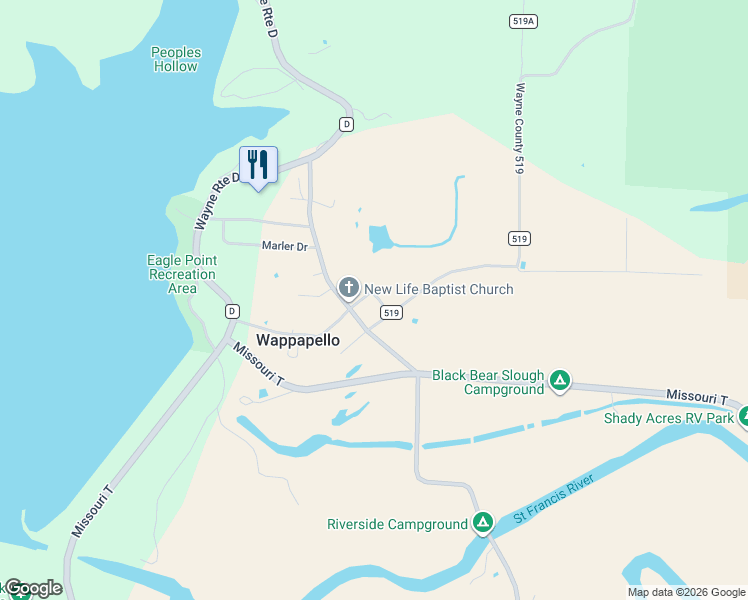 map of restaurants, bars, coffee shops, grocery stores, and more near Wappapello Civic Center Road in Wappapello