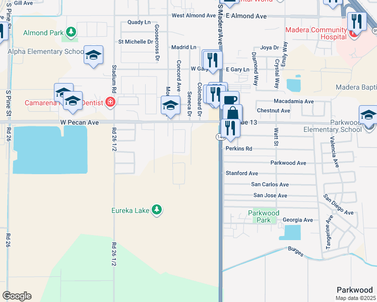 map of restaurants, bars, coffee shops, grocery stores, and more near 1583 Seneca Drive in Madera