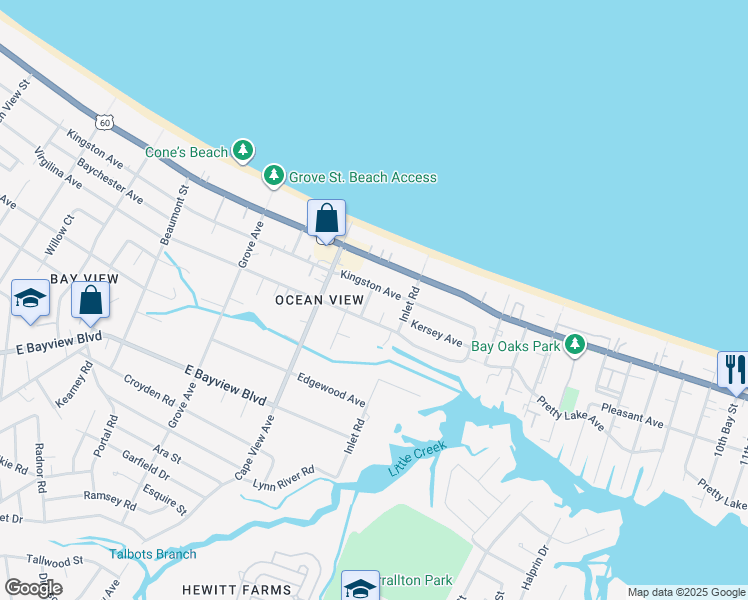map of restaurants, bars, coffee shops, grocery stores, and more near 9609 Marlina Court in Norfolk