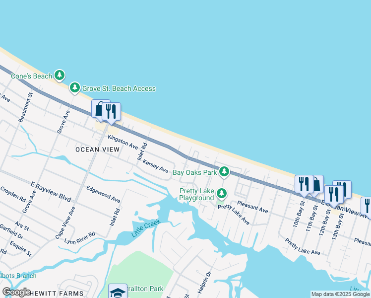 map of restaurants, bars, coffee shops, grocery stores, and more near 2080 East Ocean View Avenue in Norfolk
