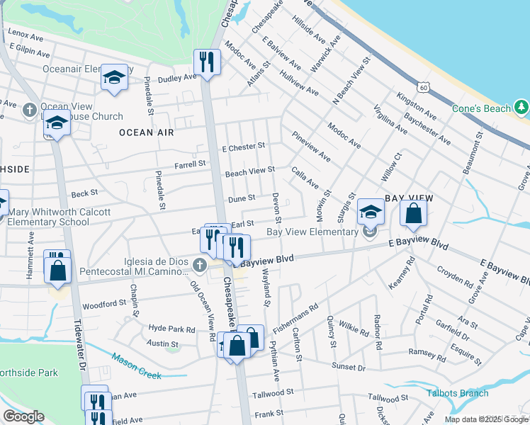 map of restaurants, bars, coffee shops, grocery stores, and more near 1063 Lindale Lane in Norfolk