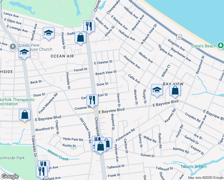 map of restaurants, bars, coffee shops, grocery stores, and more near 1063 Lindale Lane in Norfolk