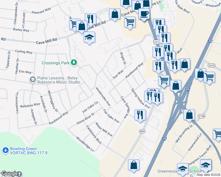 map of restaurants, bars, coffee shops, grocery stores, and more near 1353 Kenilwood Way in Bowling Green