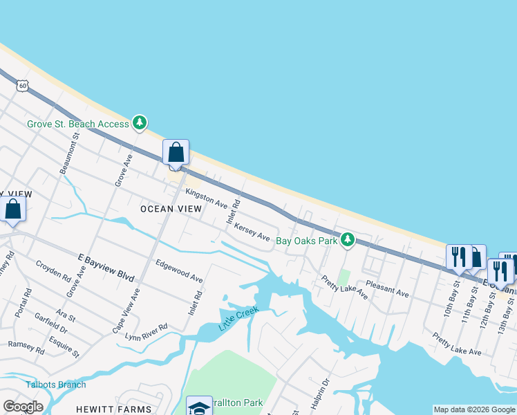 map of restaurants, bars, coffee shops, grocery stores, and more near 2030 Kingston Avenue in Norfolk