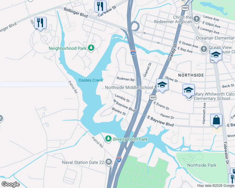 map of restaurants, bars, coffee shops, grocery stores, and more near 156 Lembla Street in Norfolk