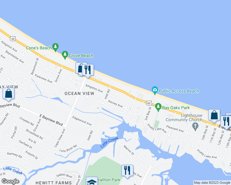 map of restaurants, bars, coffee shops, grocery stores, and more near 2019 East Ocean View Avenue in Norfolk