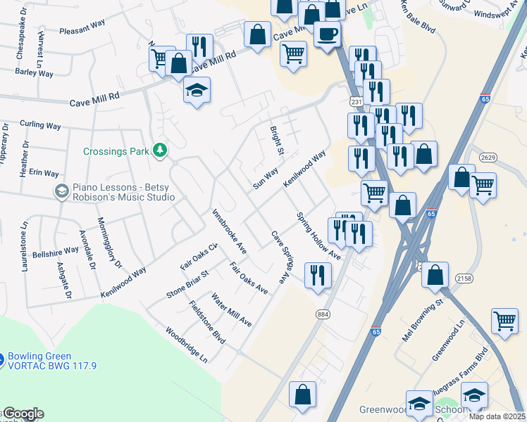 map of restaurants, bars, coffee shops, grocery stores, and more near 3200 Cave Springs Avenue in Bowling Green