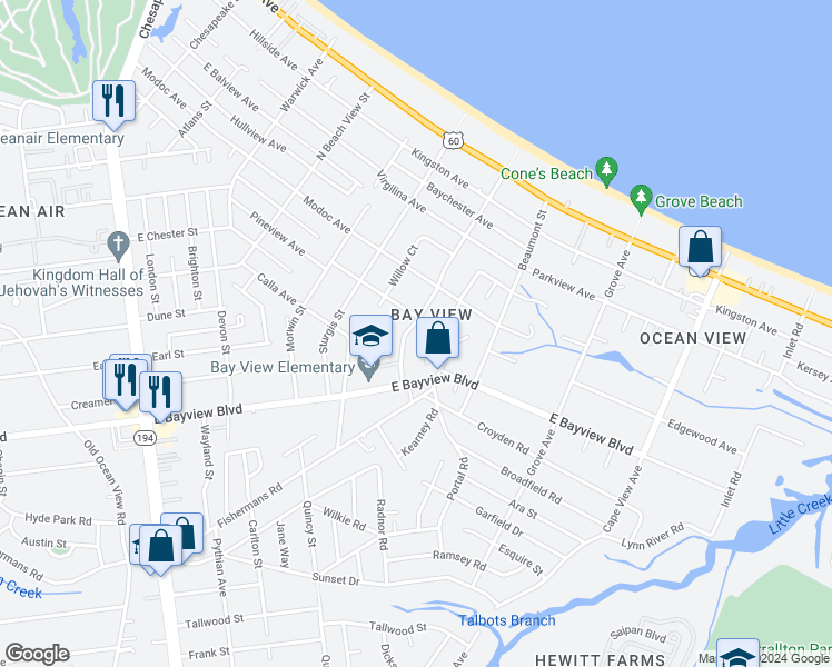 map of restaurants, bars, coffee shops, grocery stores, and more near 9304 Willow Terrace in Norfolk