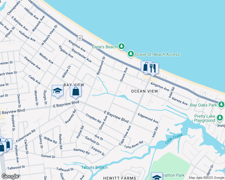 map of restaurants, bars, coffee shops, grocery stores, and more near 1716 Grove Court in Norfolk