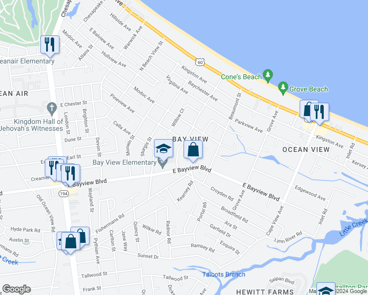 map of restaurants, bars, coffee shops, grocery stores, and more near 9304 Willow Terrace in Norfolk