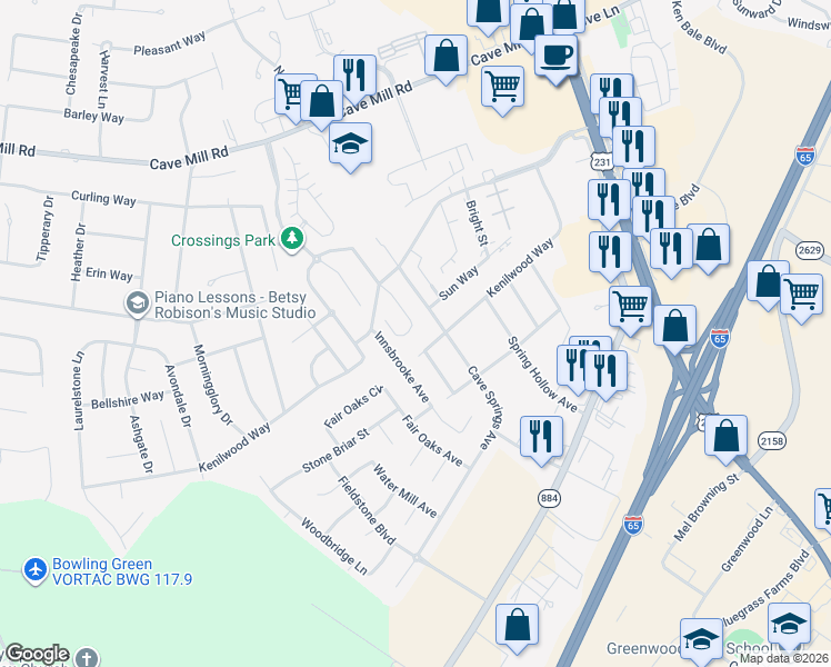 map of restaurants, bars, coffee shops, grocery stores, and more near 1353 Kenilwood Way in Bowling Green