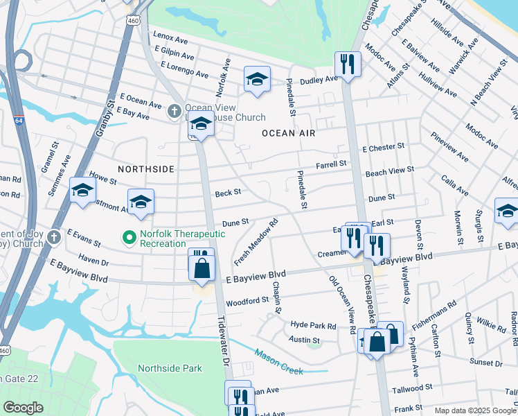 map of restaurants, bars, coffee shops, grocery stores, and more near 501 East Westmont Avenue in Norfolk