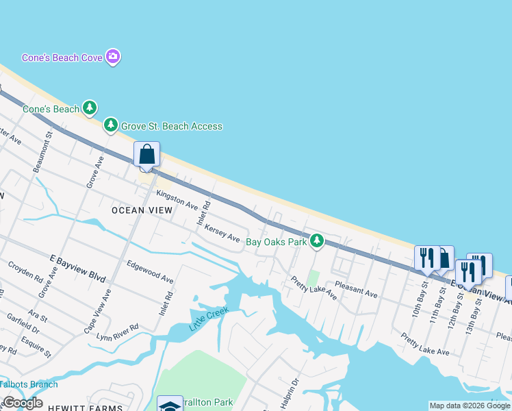 map of restaurants, bars, coffee shops, grocery stores, and more near 2065 East Ocean View Avenue in Norfolk
