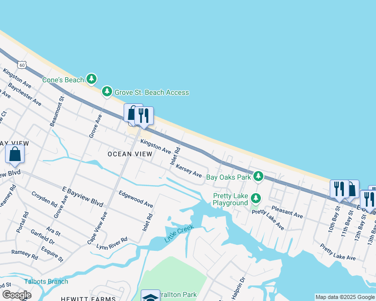 map of restaurants, bars, coffee shops, grocery stores, and more near 2030 Kingston Avenue in Norfolk