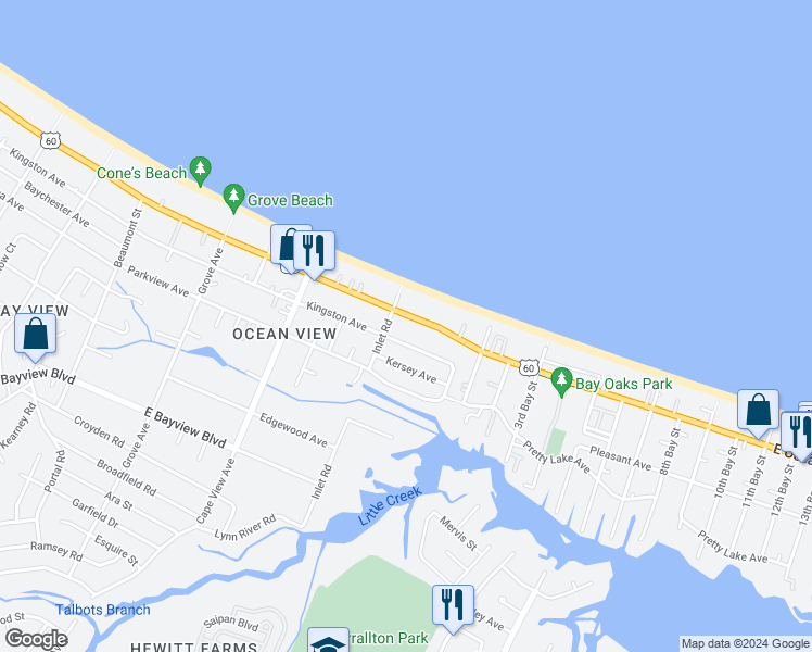 map of restaurants, bars, coffee shops, grocery stores, and more near 2030 Kingston Avenue in Norfolk