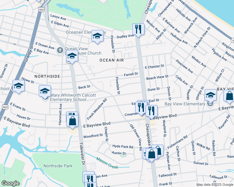 map of restaurants, bars, coffee shops, grocery stores, and more near 627 Dune Street in Norfolk