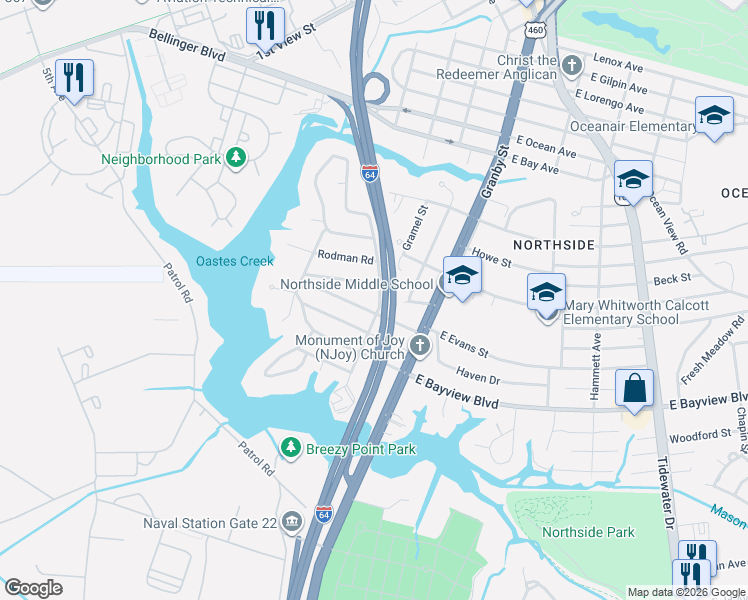 map of restaurants, bars, coffee shops, grocery stores, and more near 141 West Evans Street in Norfolk