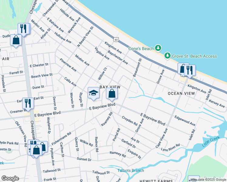 map of restaurants, bars, coffee shops, grocery stores, and more near 9325 Fishermans Road in Norfolk