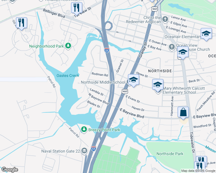 map of restaurants, bars, coffee shops, grocery stores, and more near 141 West Evans Street in Norfolk