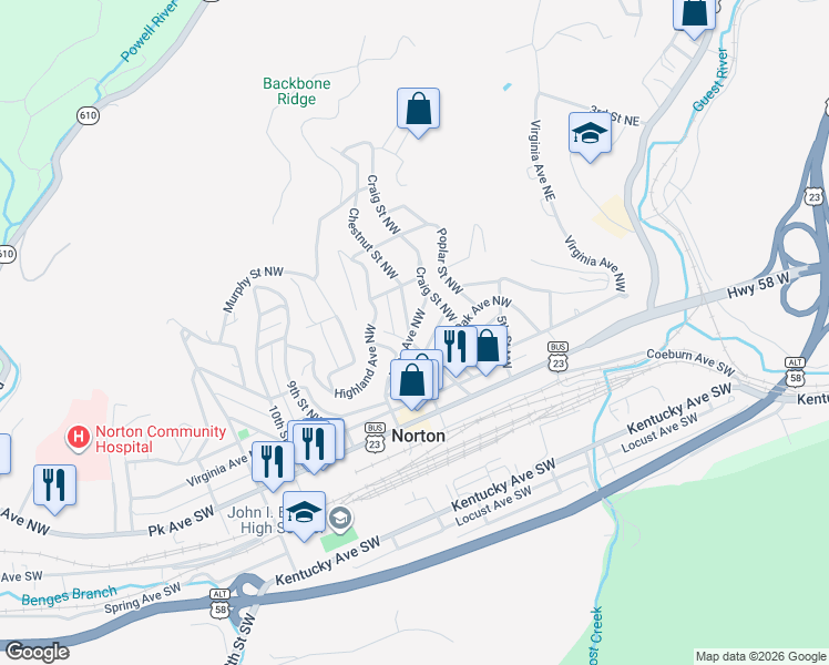 map of restaurants, bars, coffee shops, grocery stores, and more near 200-208 6th Street Northwest in Norton