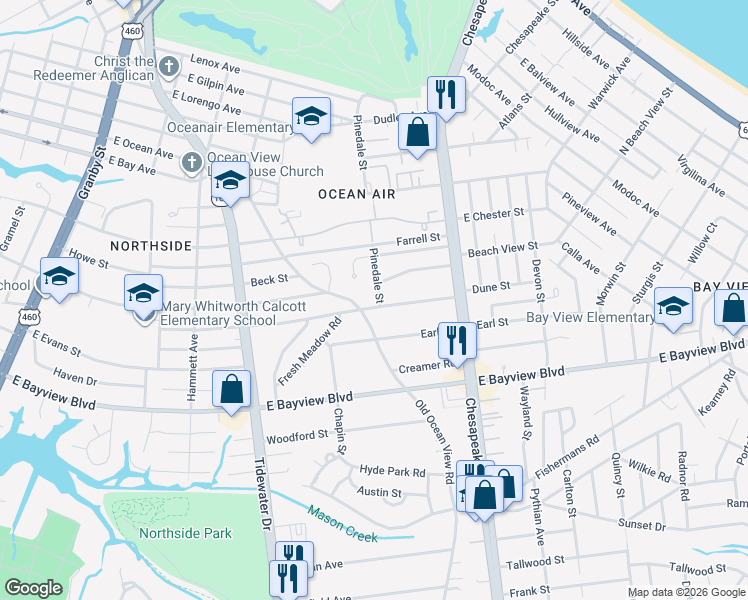 map of restaurants, bars, coffee shops, grocery stores, and more near 627 Dune Street in Norfolk