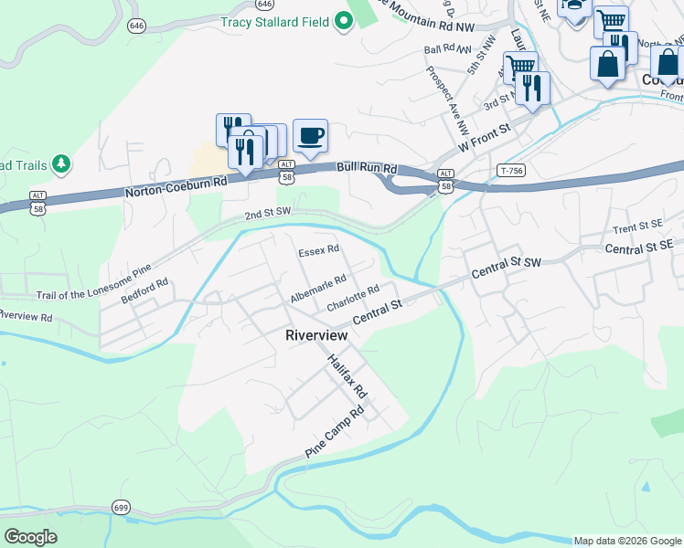 map of restaurants, bars, coffee shops, grocery stores, and more near 11717-11799 State Route 1117 in Coeburn