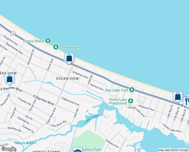 map of restaurants, bars, coffee shops, grocery stores, and more near 2007 East Ocean View Avenue in Norfolk