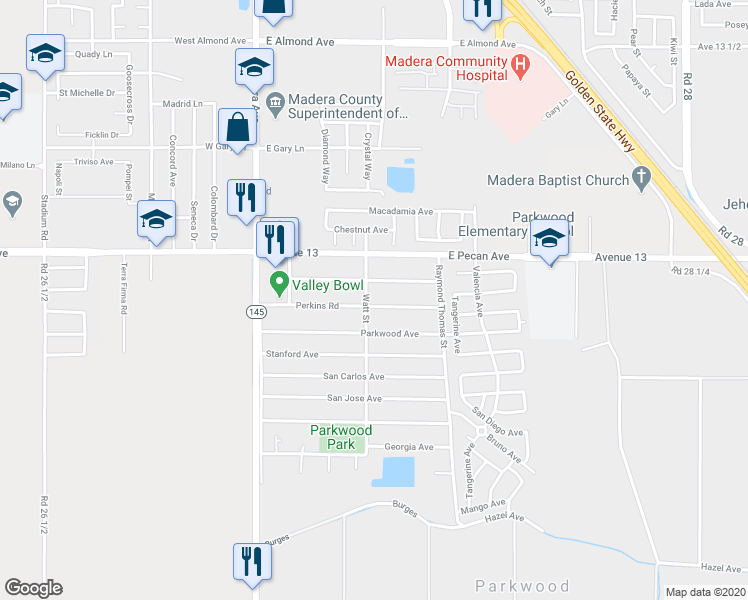 map of restaurants, bars, coffee shops, grocery stores, and more near 12817 Watt Street in Madera