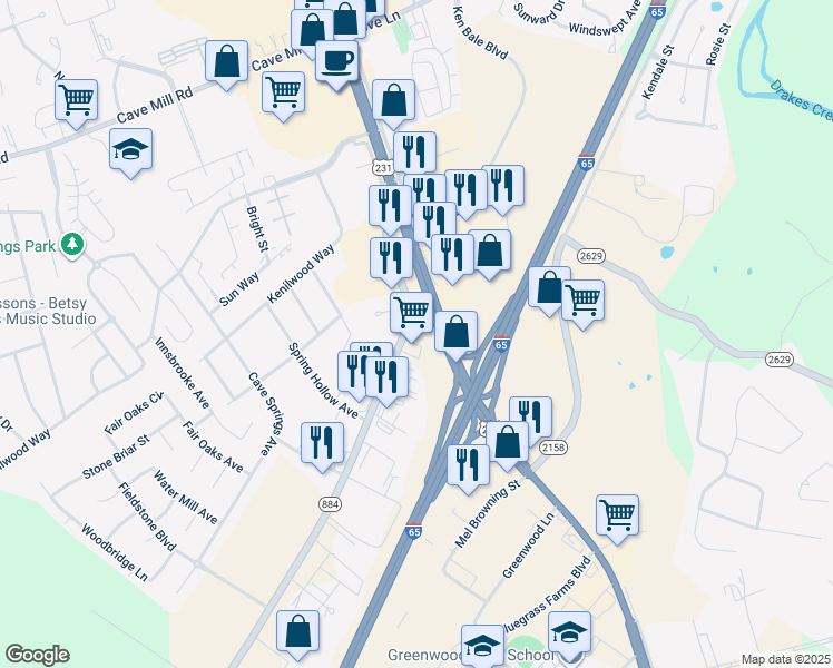 map of restaurants, bars, coffee shops, grocery stores, and more near 352 Three Springs Road in Bowling Green