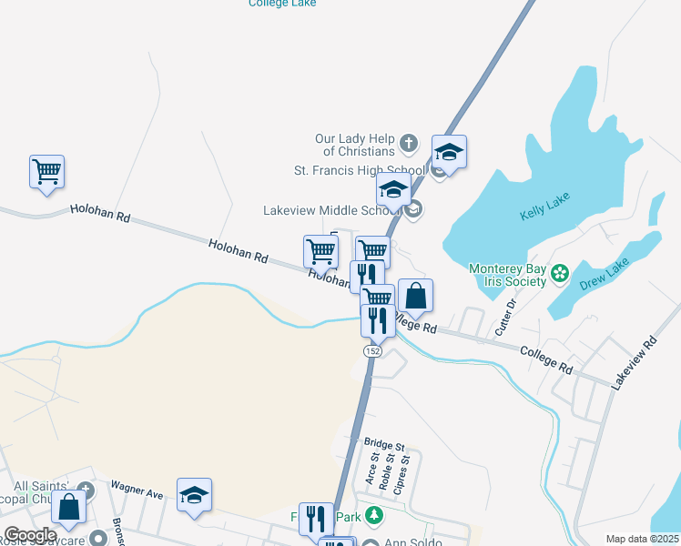 map of restaurants, bars, coffee shops, grocery stores, and more near 2239 East Lake Avenue in Watsonville