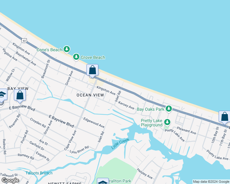 map of restaurants, bars, coffee shops, grocery stores, and more near 2001 Kingston Avenue in Norfolk