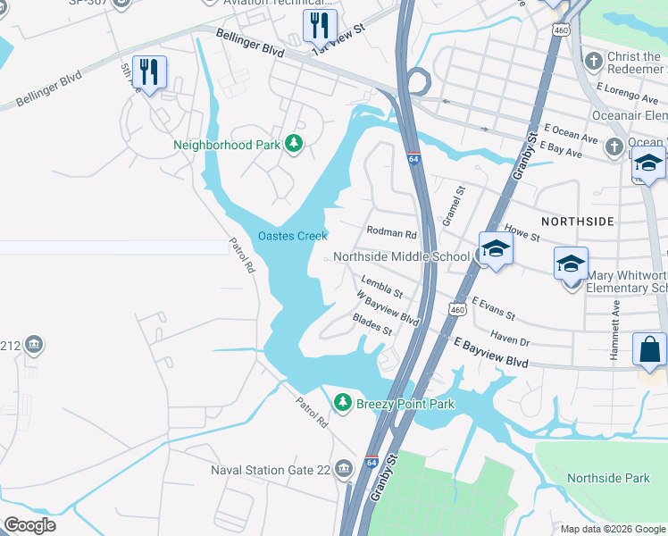 map of restaurants, bars, coffee shops, grocery stores, and more near 191 West Bayview Boulevard in Norfolk