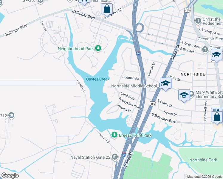 map of restaurants, bars, coffee shops, grocery stores, and more near 191 West Bayview Boulevard in Norfolk