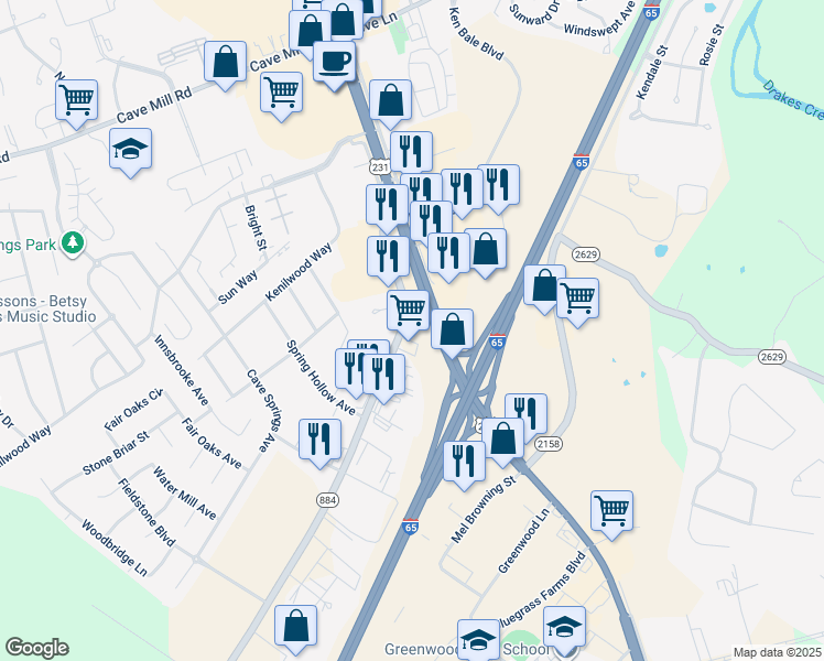 map of restaurants, bars, coffee shops, grocery stores, and more near 352 Three Springs Road in Bowling Green