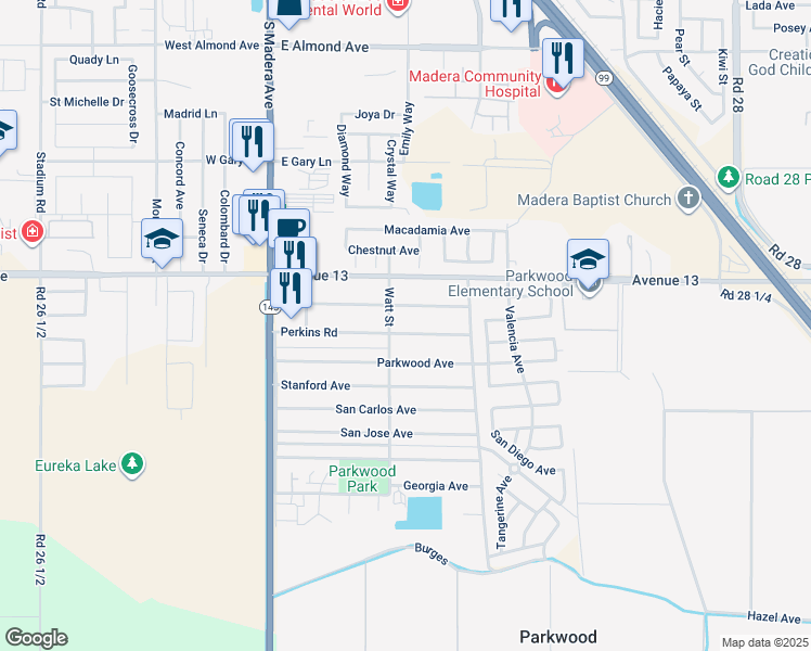 map of restaurants, bars, coffee shops, grocery stores, and more near 27331 Perkins Road in Madera