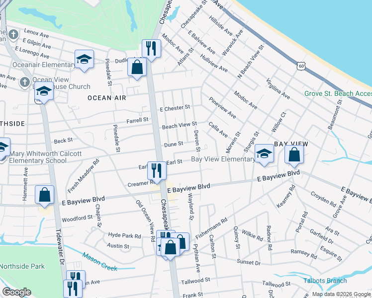 map of restaurants, bars, coffee shops, grocery stores, and more near 1048 Earl Street in Norfolk