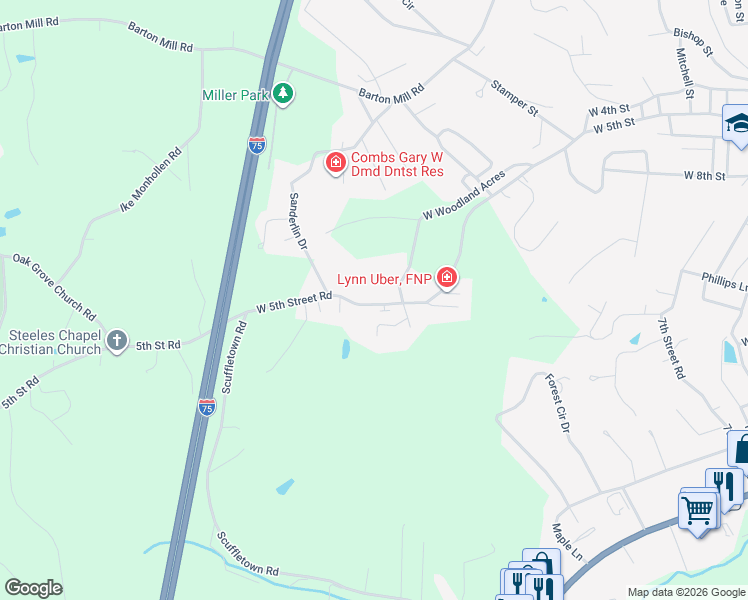 map of restaurants, bars, coffee shops, grocery stores, and more near 1731 West 5th Street Road in Corbin