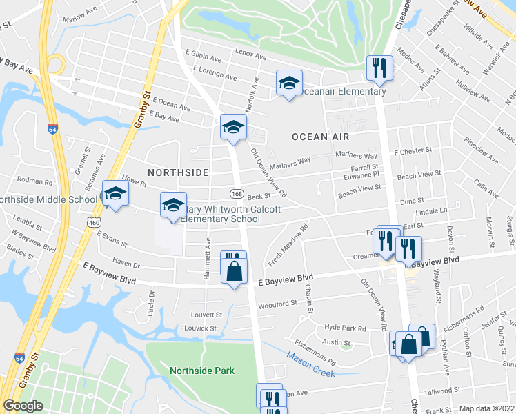 map of restaurants, bars, coffee shops, grocery stores, and more near 414 Beck Street in Norfolk