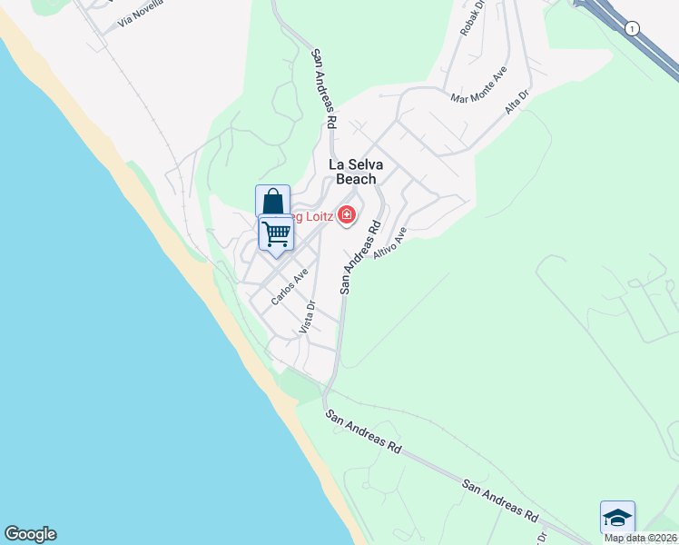 map of restaurants, bars, coffee shops, grocery stores, and more near 1541 San Andreas Road in La Selva Beach