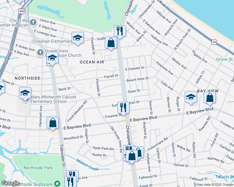 map of restaurants, bars, coffee shops, grocery stores, and more near 705 Beach View Street in Norfolk