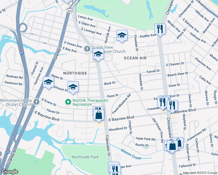 map of restaurants, bars, coffee shops, grocery stores, and more near 414 Beck Street in Norfolk