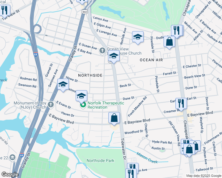 map of restaurants, bars, coffee shops, grocery stores, and more near 313 Farrell Street in Norfolk