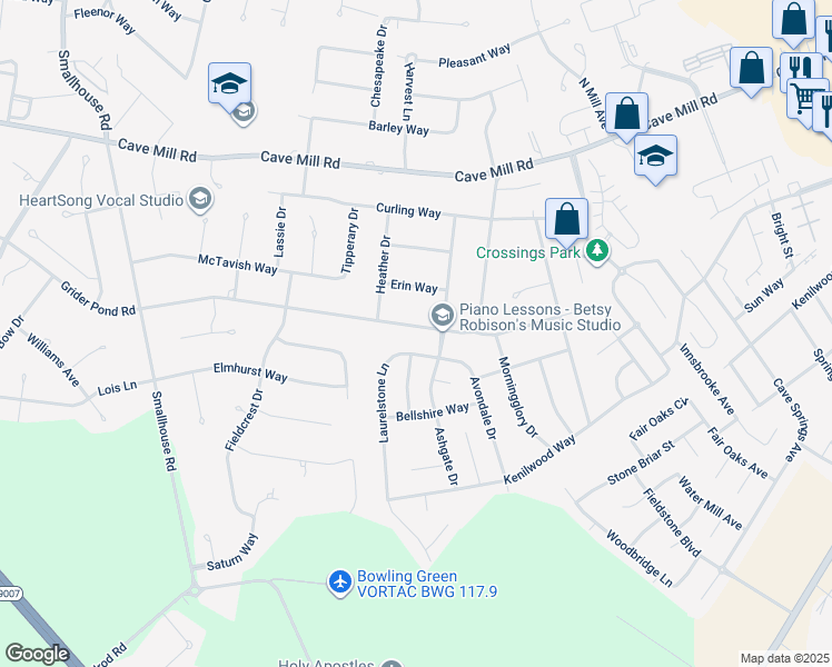 map of restaurants, bars, coffee shops, grocery stores, and more near 1732 Grider Pond Road in Bowling Green