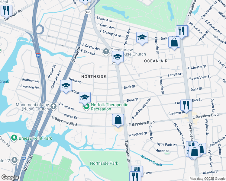 map of restaurants, bars, coffee shops, grocery stores, and more near 313 Farrell Street in Norfolk